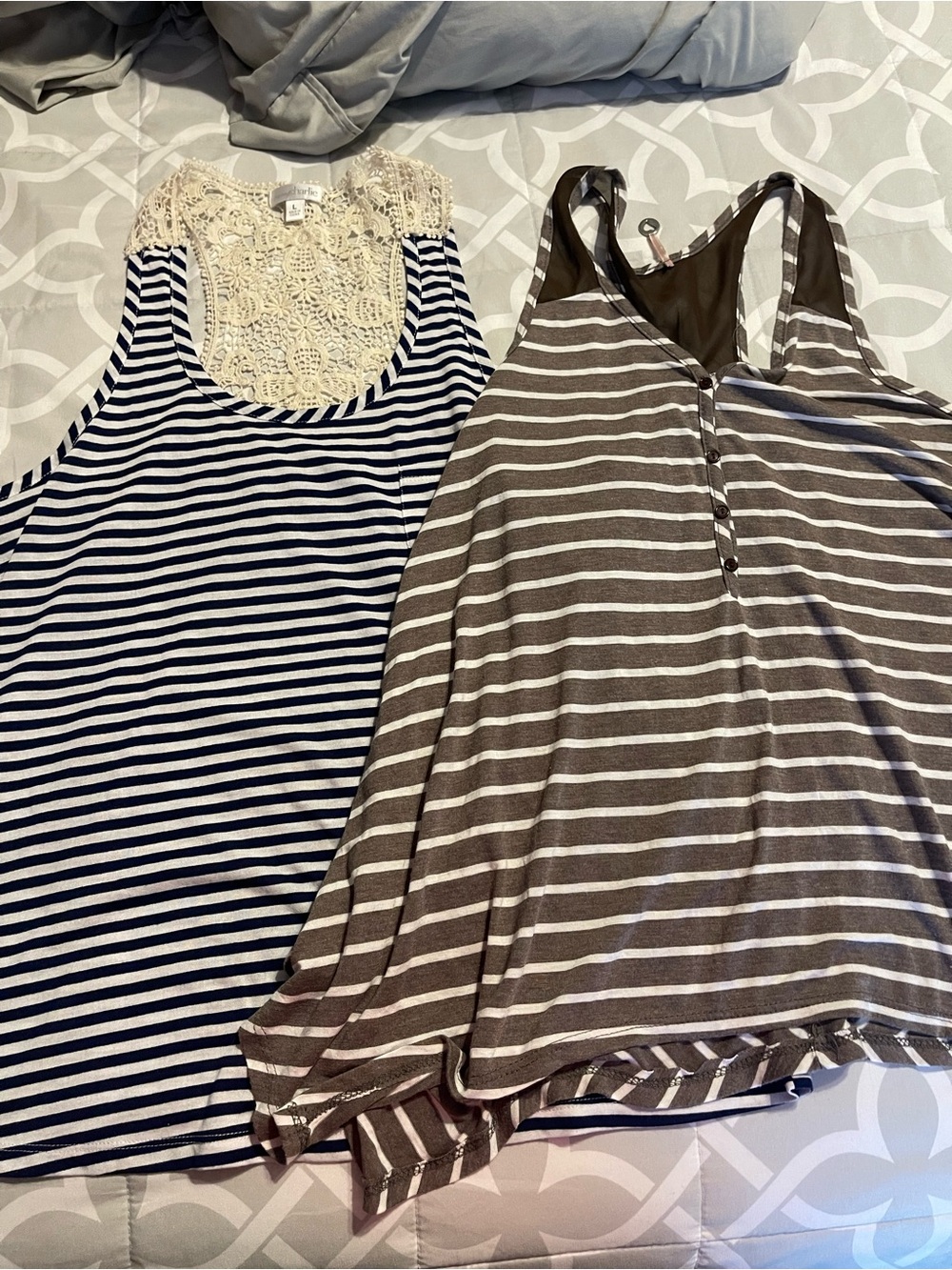 Striped Tank Top with Crochet Detail - Navy & White & striped brown & white tank